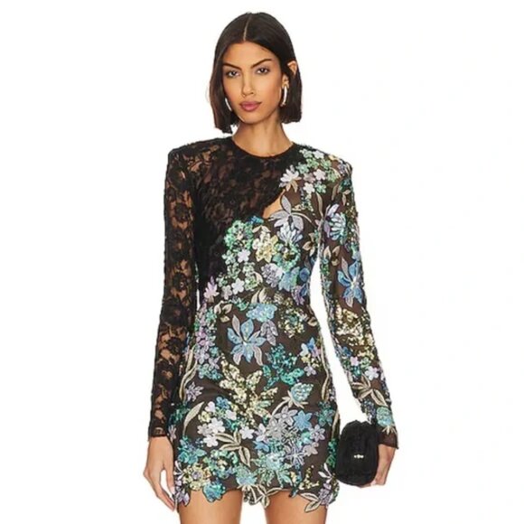 NWT NEW Bronx & Banco Tokyo Mini Dress | Black, Gold & Blue Sequined Lace Size S - Picture 1 of 11